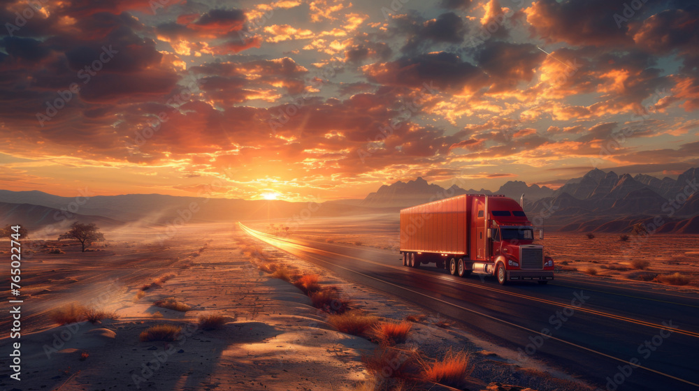 A red semi truck is driving along a highway through a desert landscape at sunset, with dramatic clouds in the sky.