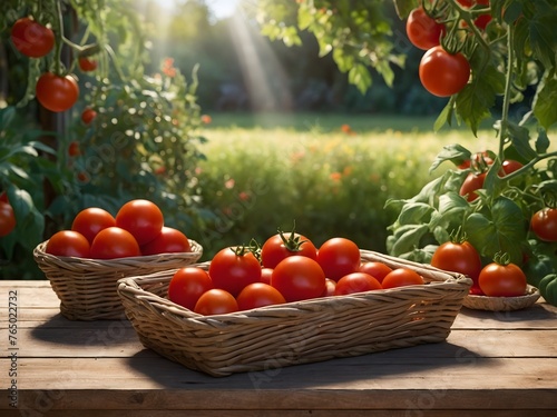 Freshly picked garden tomatoes  in a basket on a wooden table.