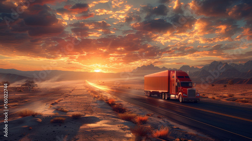 A red semi truck is driving along a highway through a desert landscape at sunset, with dramatic clouds in the sky.