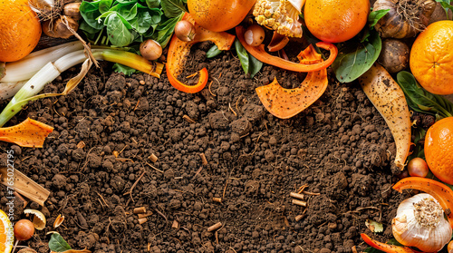 Compost background with soil and leftover food, recycling and organic waste sustainability for agriculture, composting copyspace background hd