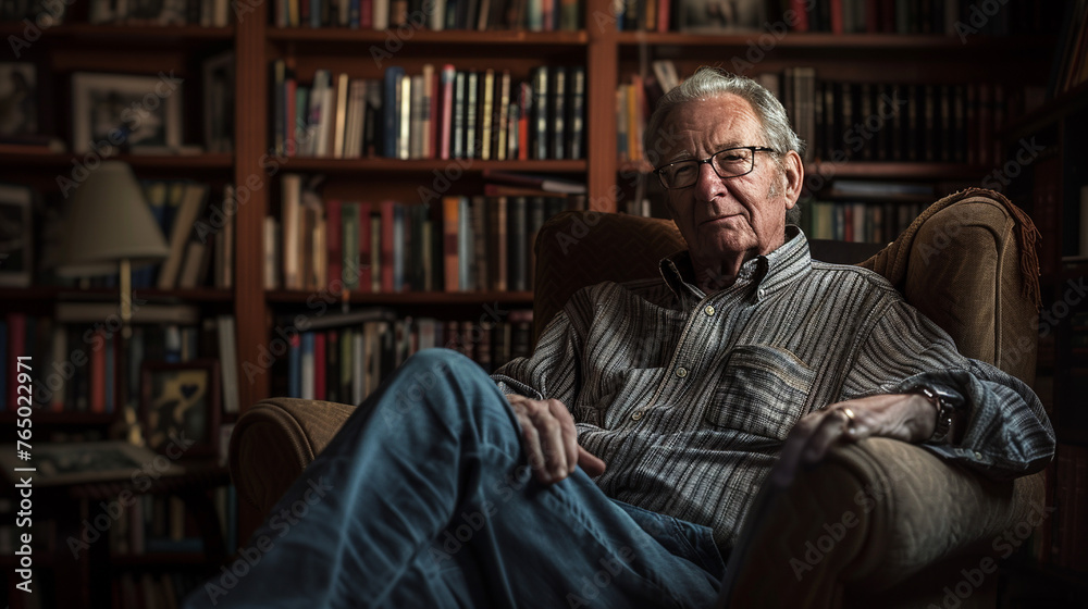 Portrait of a person sitting on his home library. Portrait of a person sitting on his home library.