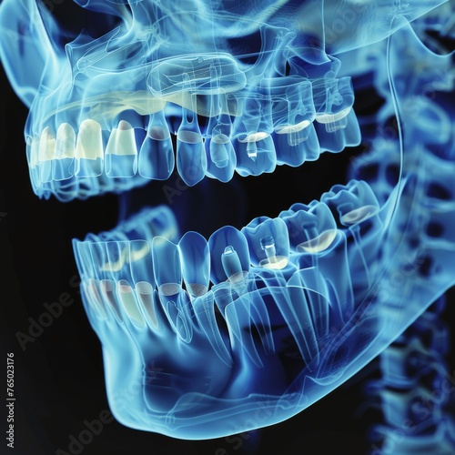A high-tech digital simulation of an X-ray image, showcasing a detailed view of human skull and teeth anatomy with a blue hue.
