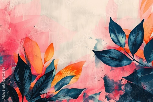 Abstract Watercolor Background with Autumn Leaves on Wall Painting. Art Illustration with Flat Brushstroke Oil Painting. Perfect for Spring Postcards, Banners, or Posters