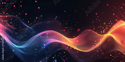 Colorful Wave and Dot Abstract Background on Black with Vibrant Line Patterns and Design Elements