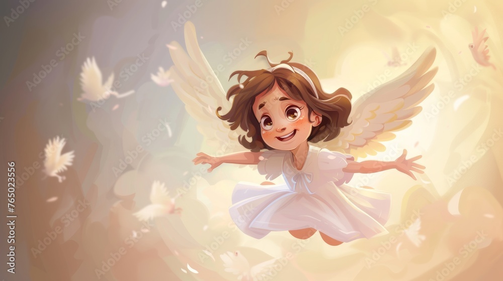 Cute cartoon character angel with wings flying in sky