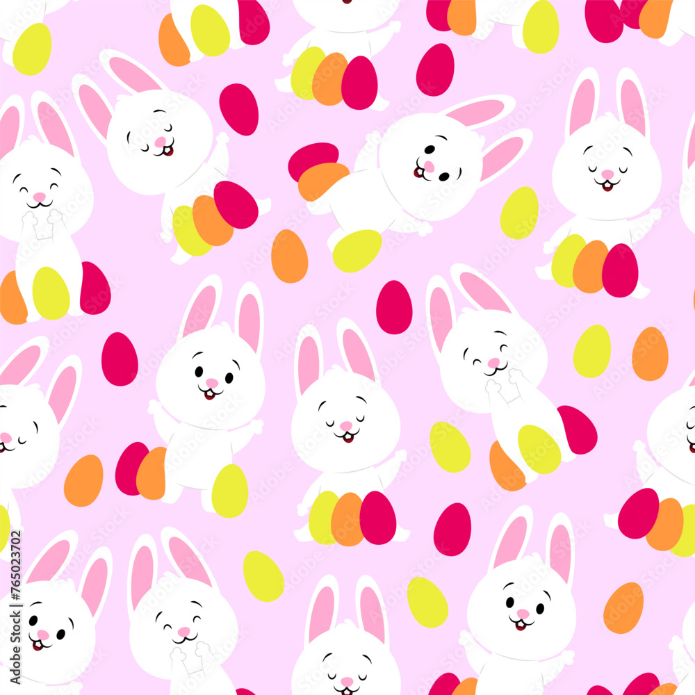 Pink seamless pattern of Easter white bunnies and eggs