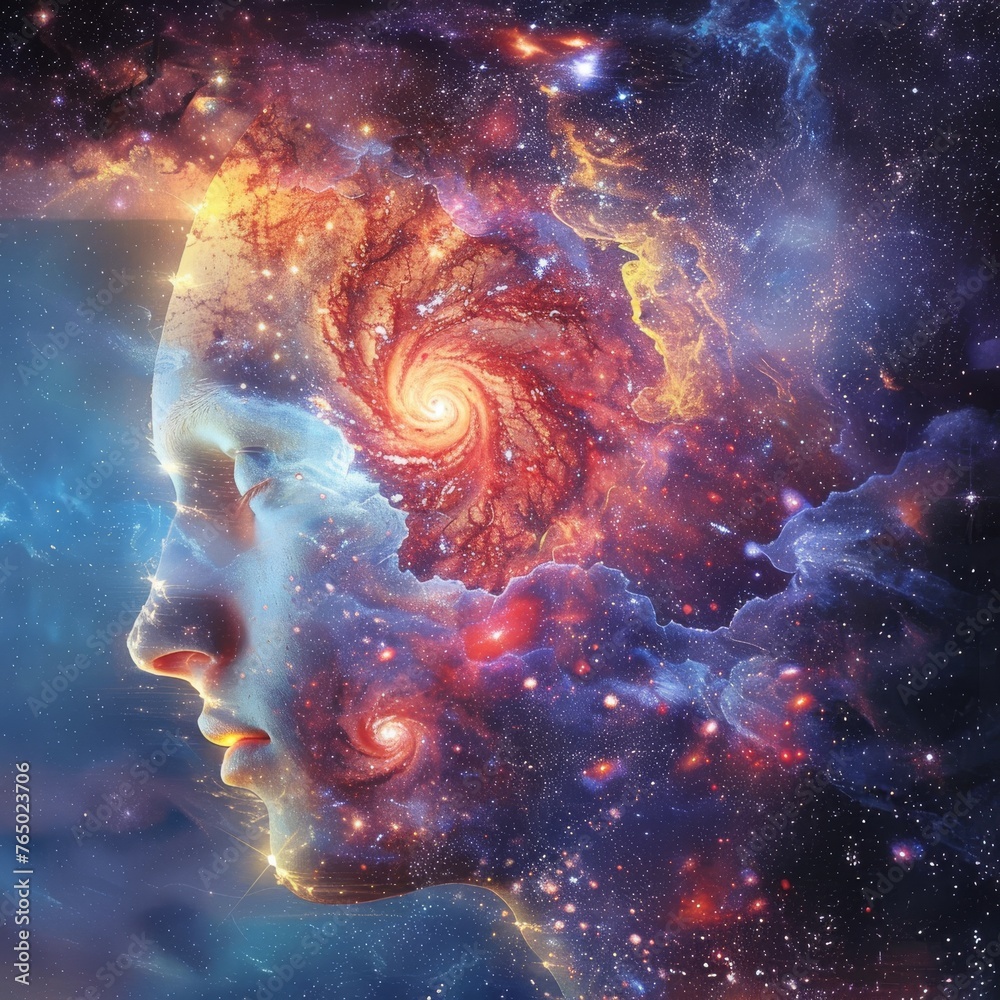 Artistic rendition of a cosmic landscape melding with the silhouette of a human profile, symbolizing deep thought