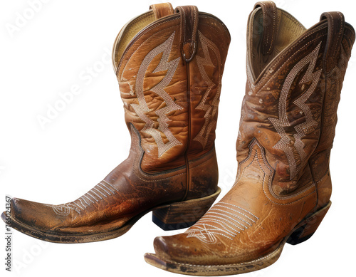 Traditional cowboy boots with intricate stitching and design, cut out transparent