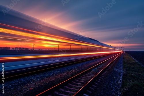 Highspeed train overtaking, rear curtain sync capture, dusk, ground level, countryside