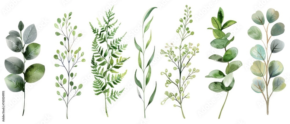 Lush watercolor clipart set of greenery, featuring delicate fern leaves, eucalyptus branches, and mistletoe twigs, isolated on a white background for freshness. Lush watercolor clipart set of greenery, featuring delicate fern leaves, eucalyptus branches, and mistletoe twigs, isolated on a white background for freshness.