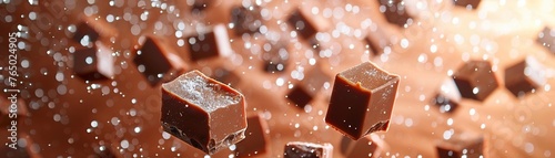 Levitating fudge pieces, creamy chocolate vortex, side view, glossy finish, twilight ambiance