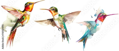 Enchanting watercolor clipart ensemble of hummingbirds, each illustrating the bird's swift, darting movements and dazzling plumage, perfectly isolated on a white backdrop.