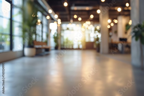 Inspiring Office Interior Blurred Open Space with Abstract Light Bokeh