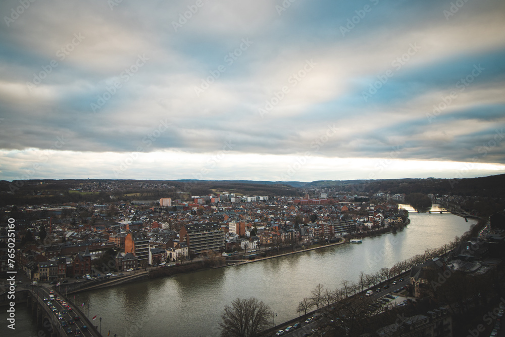 View of the town of Namur at sunset. The capital of the Wallonia region in Belgium
