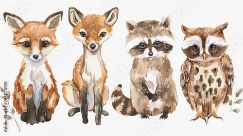 Captivating watercolor clipart ensemble, featuring a frolicking baby fox, a tender deer fawn, a cheeky raccoon, and a serene owl, all isolated on white.