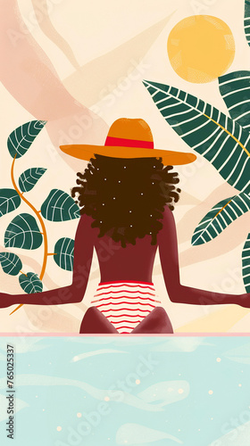 Afro woman on the beach, fashionable woman in a sunhat lounging by the pool, embodying summer luxury background.