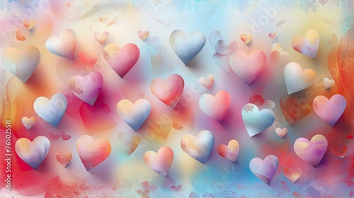 Abstract Colorful Pastel Background with Hearts Grunge Texture. Seamless Watercolor Pattern. Perfect for Mother's Day, Valentine's Day, Birthday, Wedding, Banner or Poster