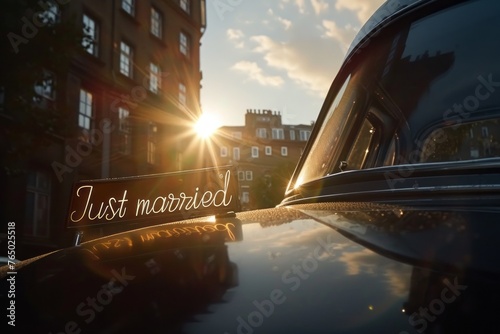A classic black car displays a Just married sign in the rear window, basking in the golden sunset light with urban buildings in the background photo