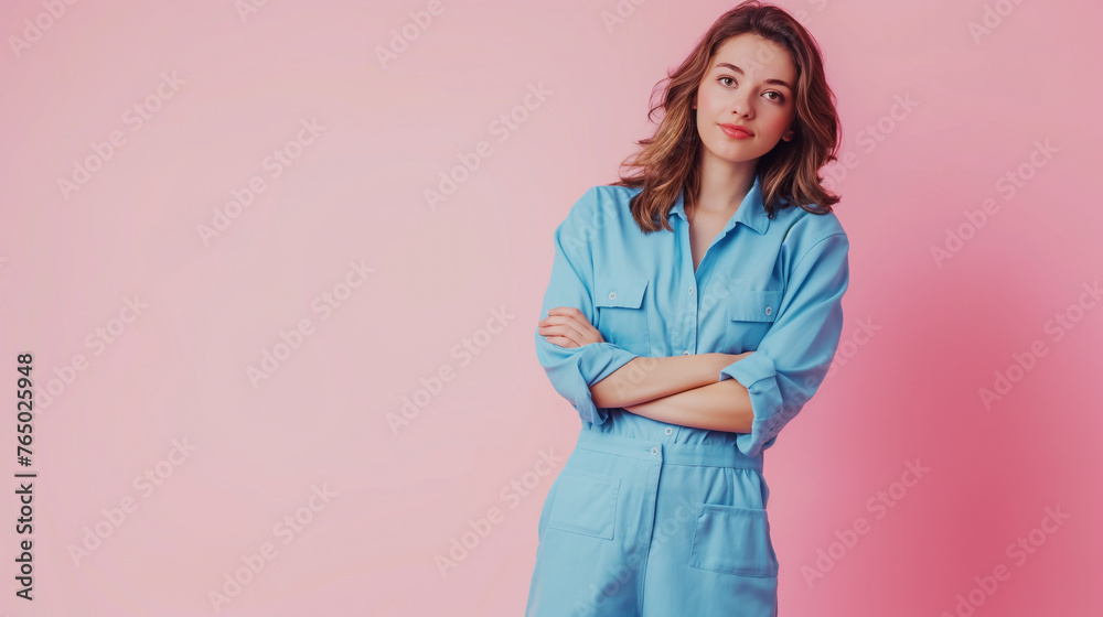 full length Photo of positive pretty lady wear bright blue costume arm folded stand empty space isolated on pink color background professional photography full length Photo of positive pretty lady wear bright blue costume arm folded stand empty space isolated on pink color background professional photography