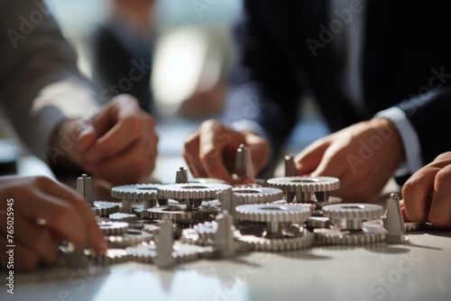 Man holding gear in hands. Teamwork metallic silver equipment industrial progress engineering machine mechanical cog wheel technology steel power transmission motion circle construction development