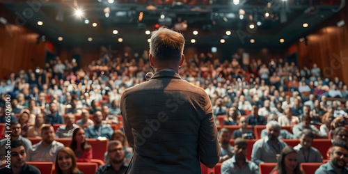 Motivational speaker giving a talk on stage to a large audience at a conference. Concept Motivational Speaking, Public Speaking, Conference Presentation, Audience Engagement, Inspirational Talk