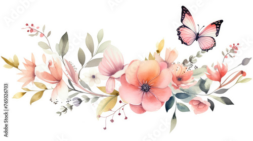 Watercolor floral seamless pattern with colorful wildflowers  tree branch  leaves  plants and flying butterflies  isolated on white. Panoramic horizontal isolated illustration. Garden background