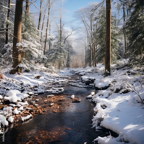 A walkway between A Snowy Forest. Winter landscape 