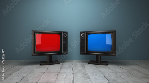 Two televisions stand next to different screens and broadcast the news differently. The concept of opinion manipulation. Information wars. photo