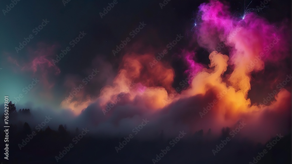 colorful wisps of smoke swirling in the night sky, creating a magical landscape. Amidst the smoke, silhouettes of people are seen lining up, perhaps enjoying the view or participating in an evening ev colorful wisps of smoke swirling in the night sky, creating a magical landscape. Amidst the smoke, silhouettes of people are seen lining up, perhaps enjoying the view or participating in an evening ev
