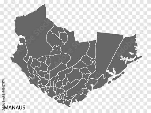 High Quality map of Manaus is a city  Brazil, with borders of the districts. Map of  Manaus for your web site design, app, UI. EPS10.