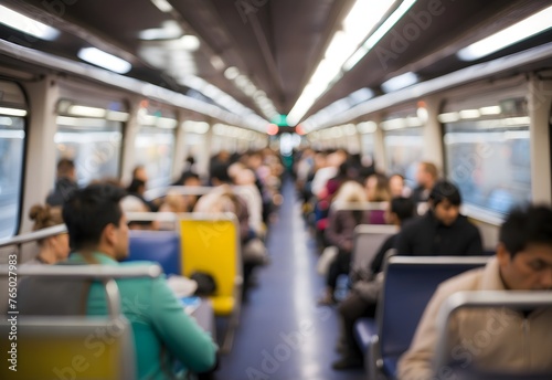 Blurred image of a bustling train carriage, generative AI