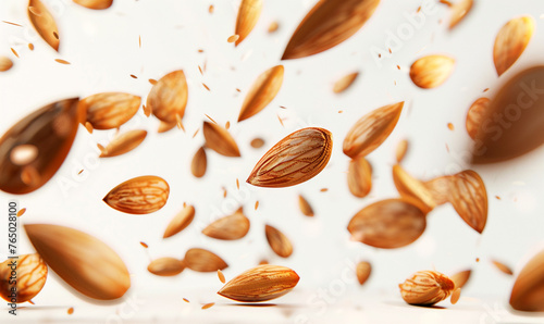 almonds floating in the air on the white background.
