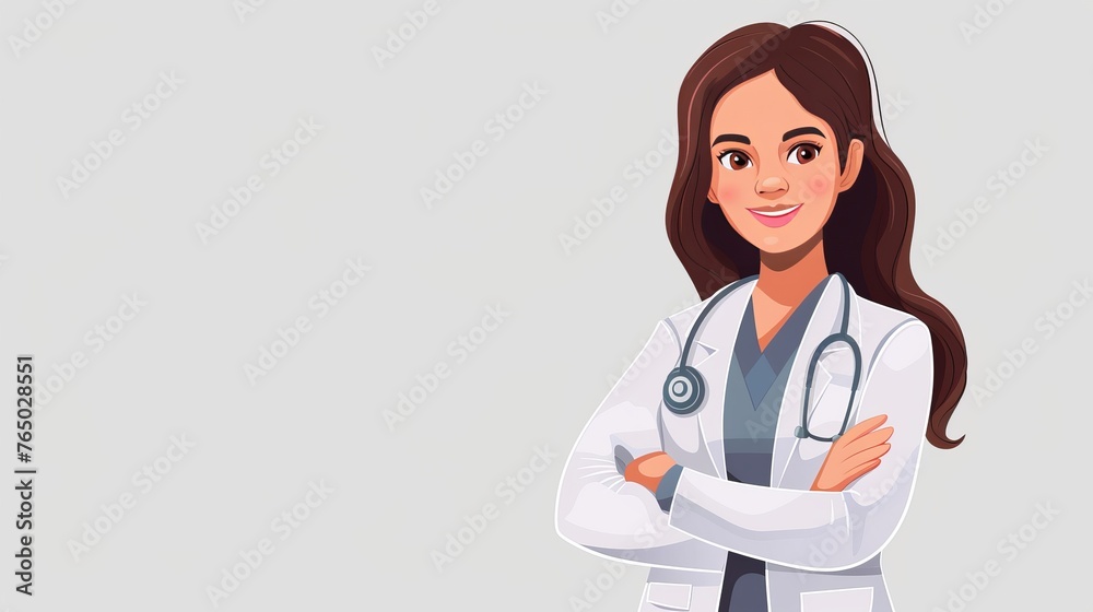 Fototapeta premium A woman in a white coat is smiling and standing with her arms crossed