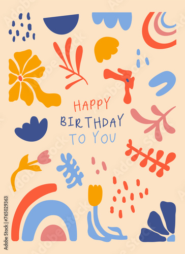 Happy birthday colorful abstract hand drawn aesthetic floral illustration greeting card. Botanical childish concept template perfect for postcards, wall art, banner, background etc.