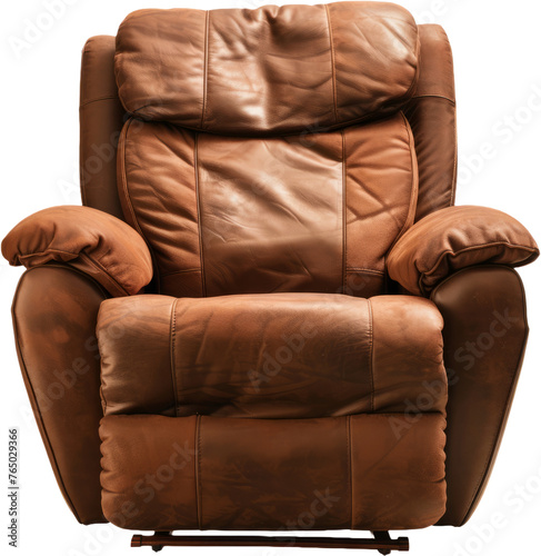 Plush brown leather recliner chair with padded armrests, cut out transparent