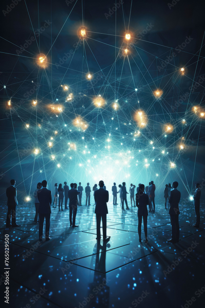 A group of people in suits inside a room with a blue background. Futuristic illustration with a network of connected lines. Concept of unity and connection between people through the network. 