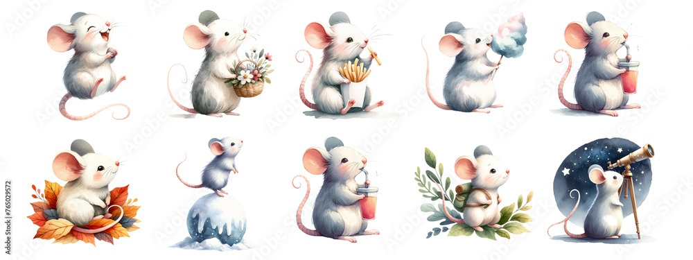 Watercolor cute rat on white background