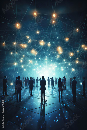 A group of people in suits inside a room with a blue background. Futuristic illustration with a network of connected lines. Concept of unity and connection between people through the network. 