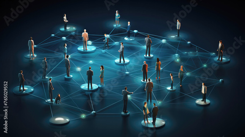 Drawing of figure group connected by a network of lines. All the people are of different sizes and clothing and are spread throughout the image. Concept of community and connection between people.