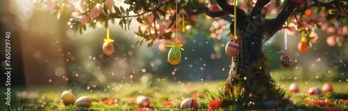 easter eggs hanging on trees in the spring