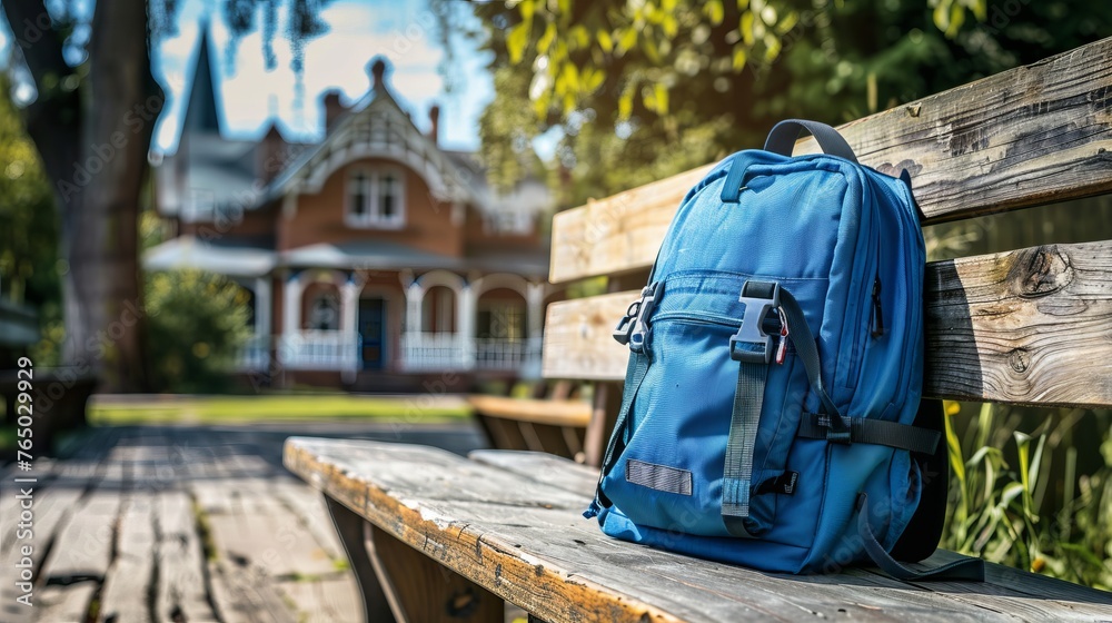 Spooky school backpack on wooden bench with school in background - eerie atmosphere in educational setting Spooky school backpack on wooden bench with school in background - eerie atmosphere in educational setting