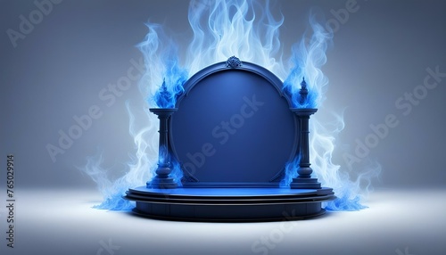 display dais with backer surrounded by blue flames