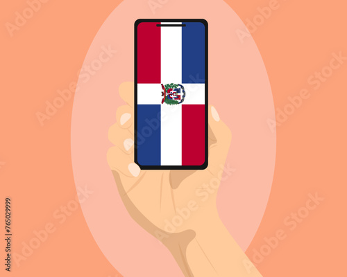 Dominican Republic flag on mobile phone screen, holding smartphone, advertising social media or banner concept