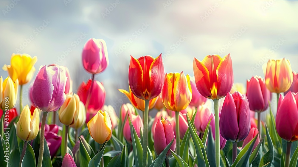 Colorful Tulip Flowers in the Garden with Sky Background. A Beautiful Floral Background for Mother's Day, Women's Day, Easter Holiday, March 8th, Birthday, and More. Colorful Tulip Flowers in the Garden with Sky Background. A Beautiful Floral Background for Mother's Day, Women's Day, Easter Holiday, March 8th, Birthday, and More.