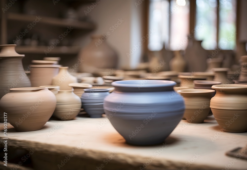 Blurred image of a traditional pottery workshop, generative AI
