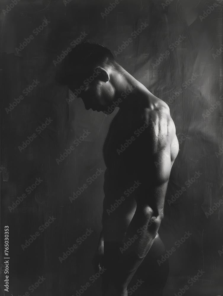 Fine art photography, dark minimalistic portrait shirtless man against a dark background.
