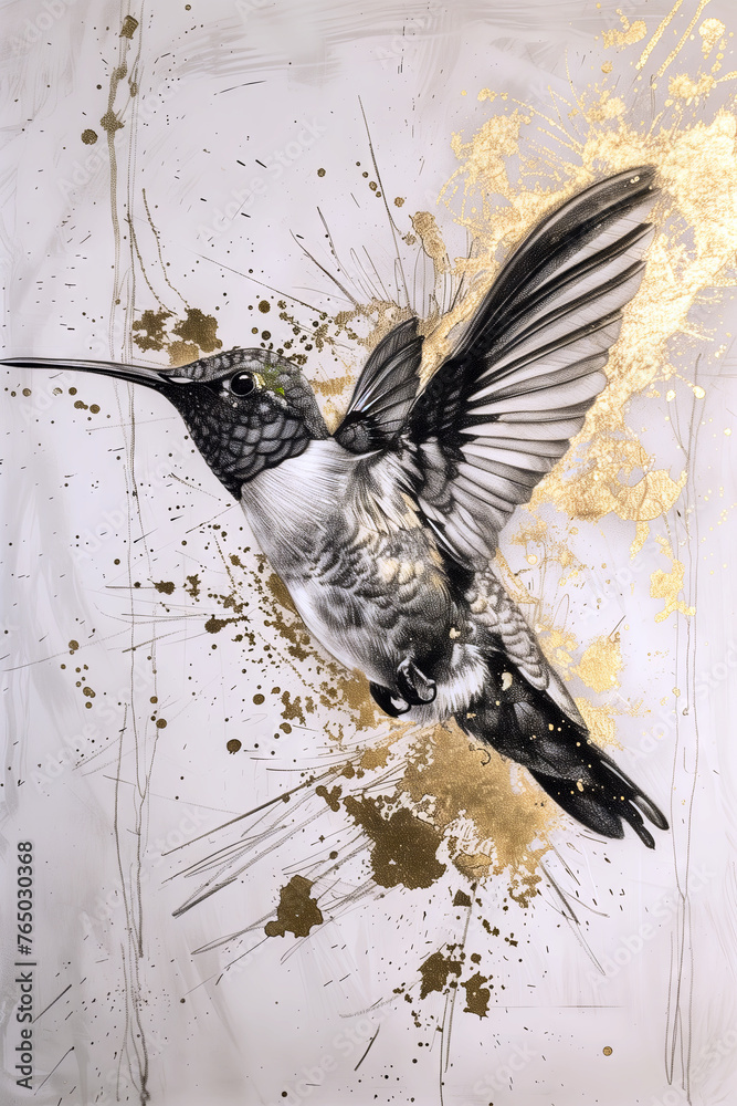 Fototapeta premium Hummingbird with splash details and gold leaf details