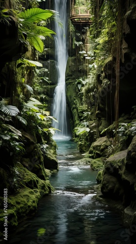 A lush tropical rainforest with a cascading waterfall