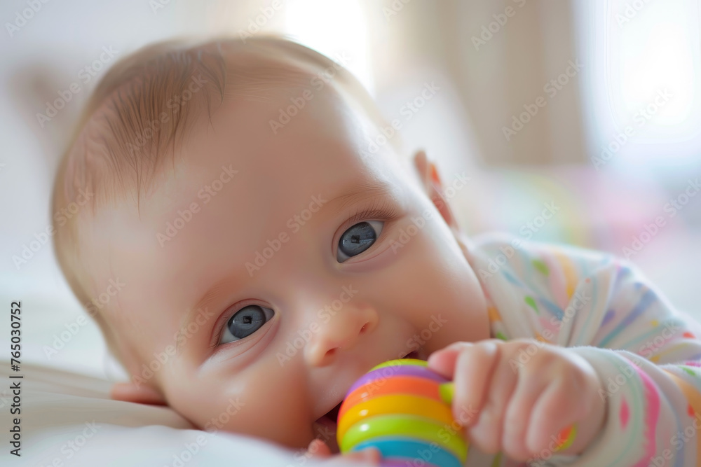 A baby is holding a colorful toy in its mouth A baby is holding a colorful toy in its mouth