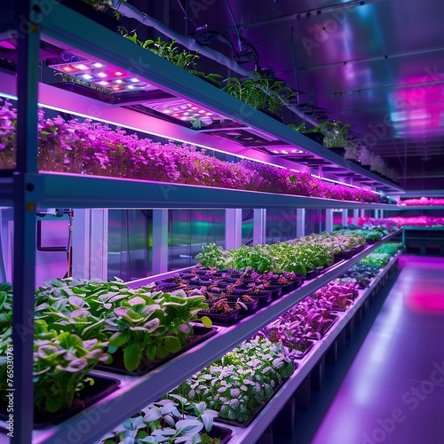 Ultraviolet light from phytolamps illuminates a vertical farm. Vertical farming and agriculture concept. Industrial design view for poster, banner, presentation, ad photo